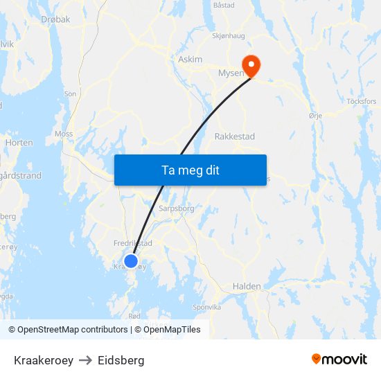 Kraakeroey to Eidsberg map