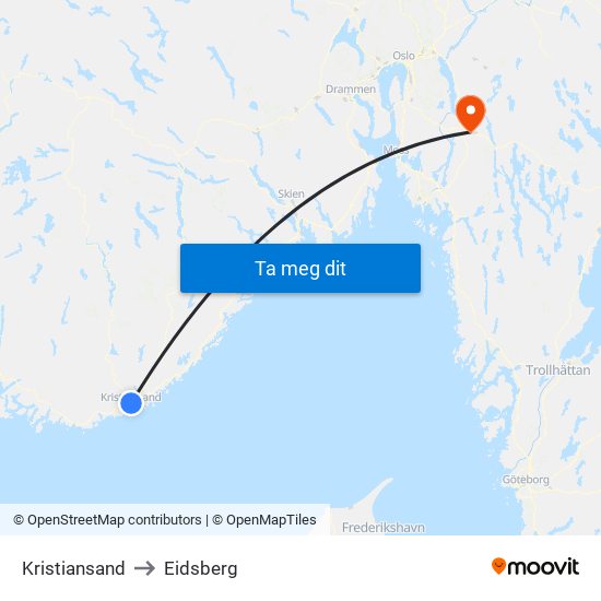 Kristiansand to Eidsberg map