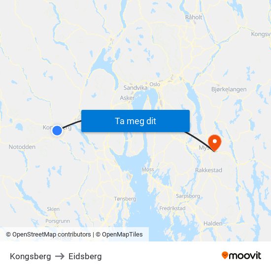 Kongsberg to Eidsberg map