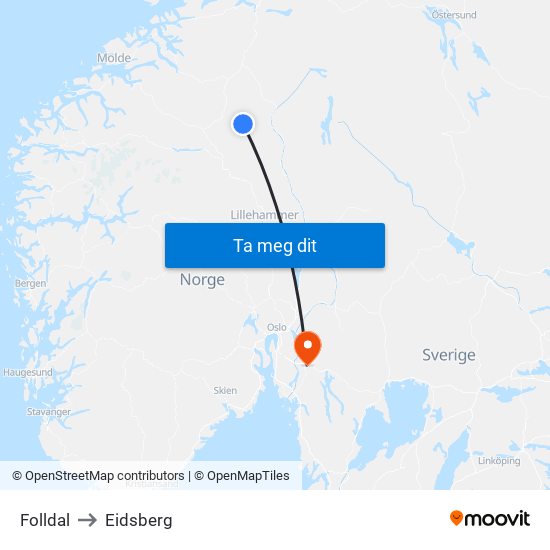 Folldal to Eidsberg map