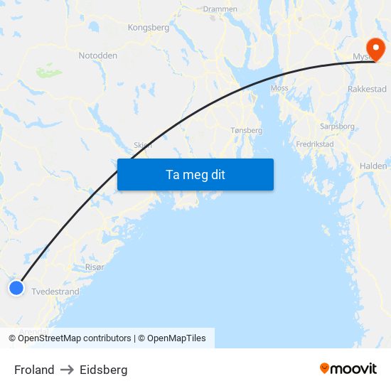 Froland to Eidsberg map