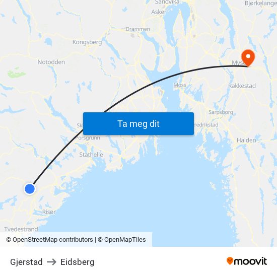 Gjerstad to Eidsberg map