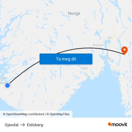 Gjesdal to Eidsberg map