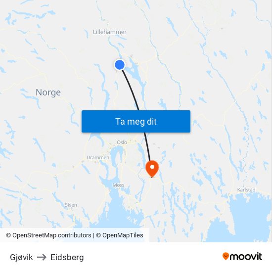 Gjøvik to Eidsberg map