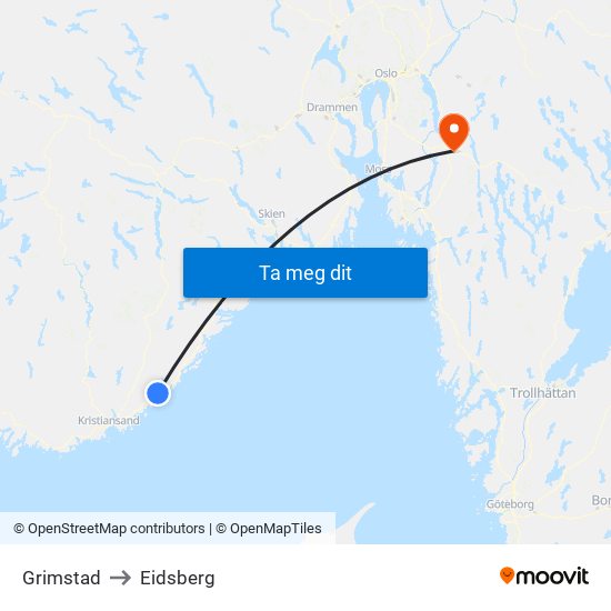 Grimstad to Eidsberg map