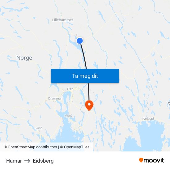 Hamar to Eidsberg map