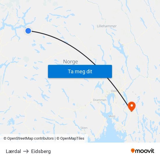 Lærdal to Eidsberg map