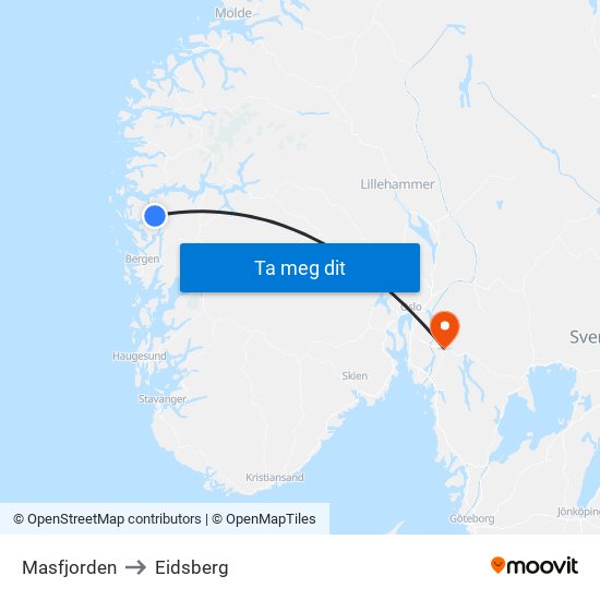 Masfjorden to Eidsberg map