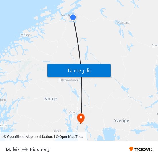 Malvik to Eidsberg map