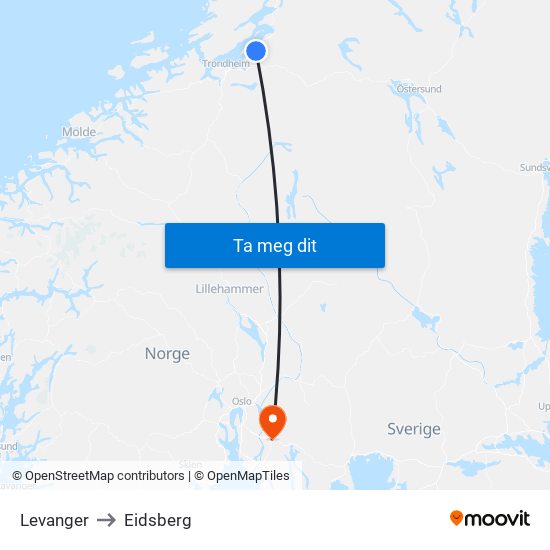 Levanger to Eidsberg map