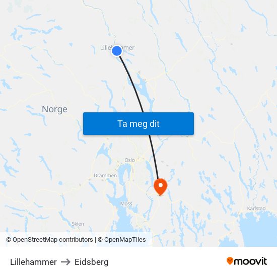Lillehammer to Eidsberg map