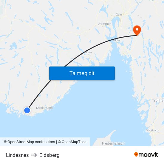 Lindesnes to Eidsberg map