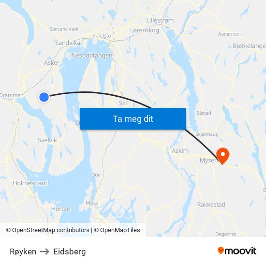 Røyken to Eidsberg map