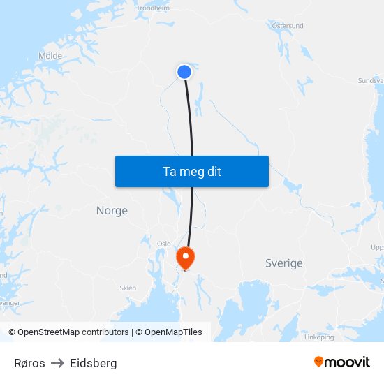 Røros to Eidsberg map