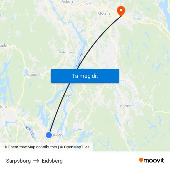 Sarpsborg to Eidsberg map