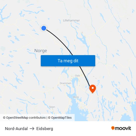 Nord-Aurdal to Eidsberg map