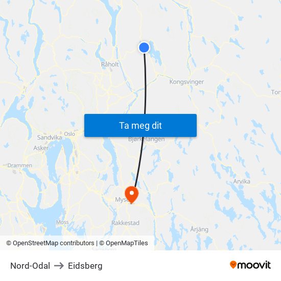 Nord-Odal to Eidsberg map