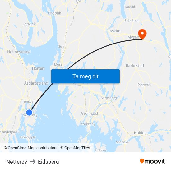 Nøtterøy to Eidsberg map