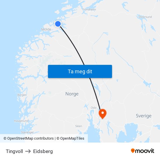 Tingvoll to Eidsberg map