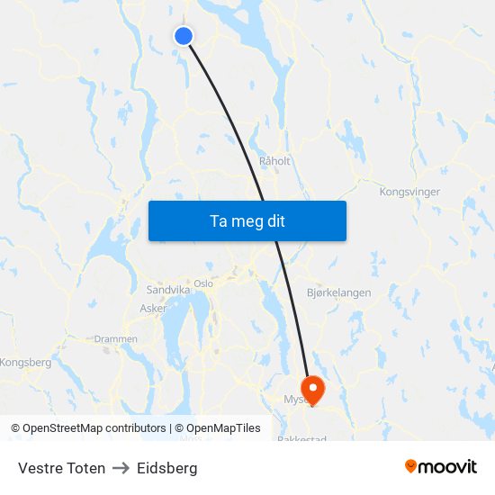 Vestre Toten to Eidsberg map