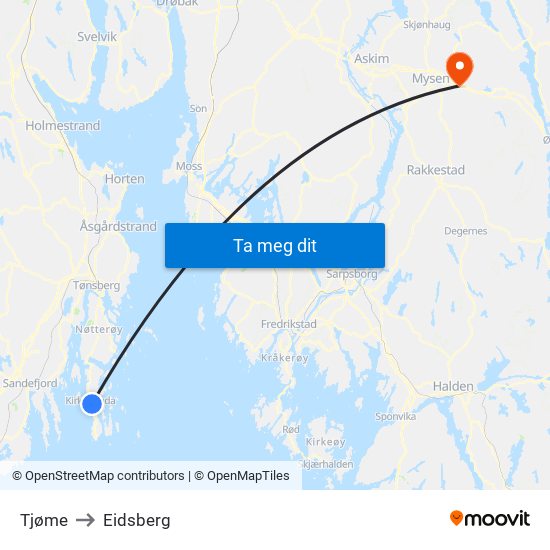 Tjøme to Eidsberg map