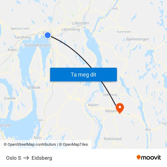 Oslo S to Eidsberg map