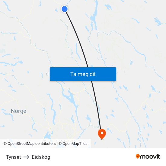 Tynset to Eidskog map