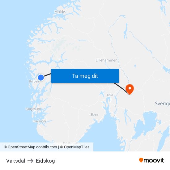 Vaksdal to Eidskog map