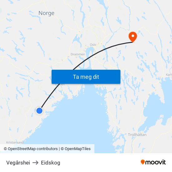 Vegårshei to Eidskog map