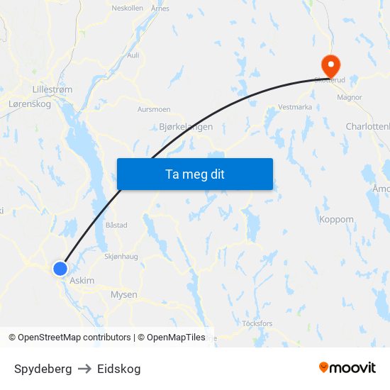 Spydeberg to Eidskog map