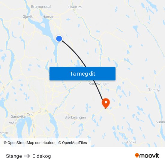 Stange to Eidskog map