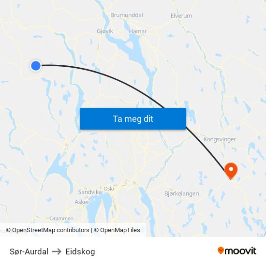 Sør-Aurdal to Eidskog map