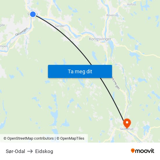 Sør-Odal to Eidskog map