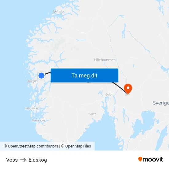 Voss to Eidskog map