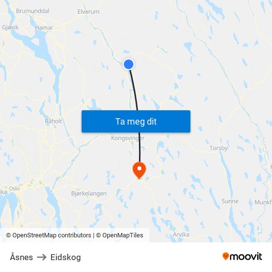 Åsnes to Eidskog map