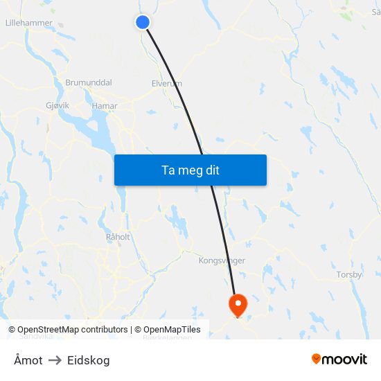 Åmot to Eidskog map