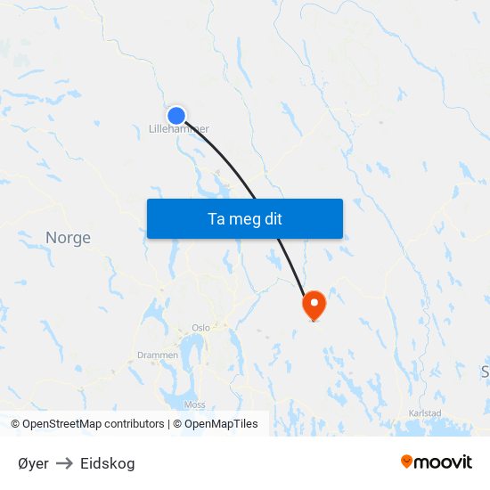 Øyer to Eidskog map