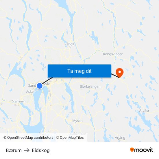 Bærum to Eidskog map