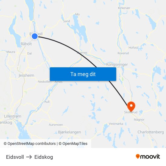 Eidsvoll to Eidskog map