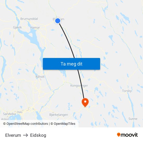 Elverum to Eidskog map
