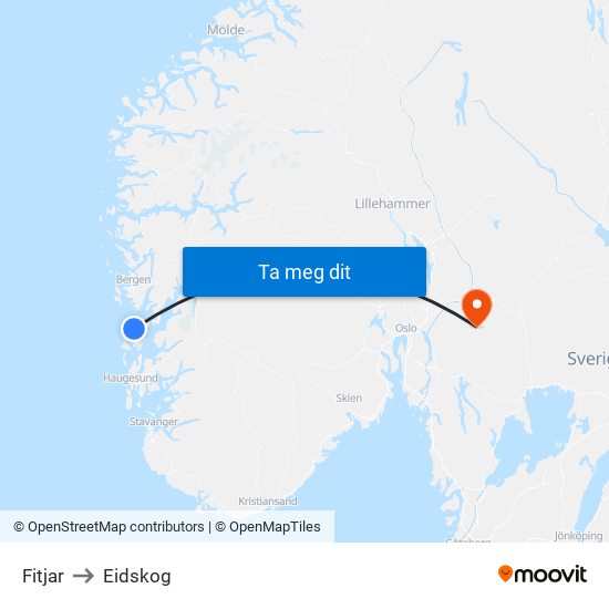 Fitjar to Eidskog map