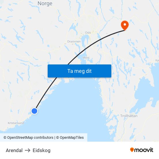 Arendal to Eidskog map