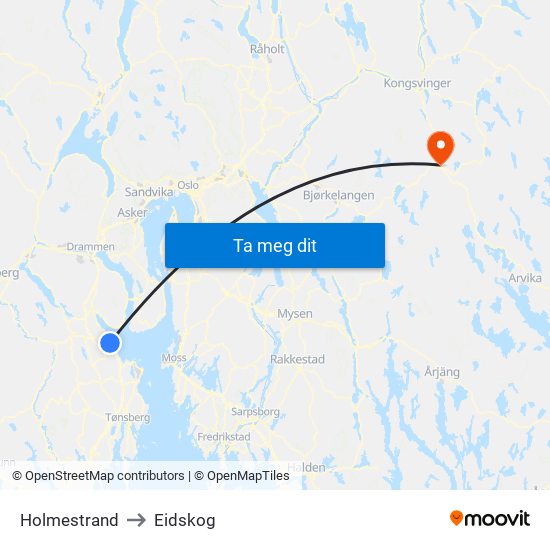 Holmestrand to Eidskog map