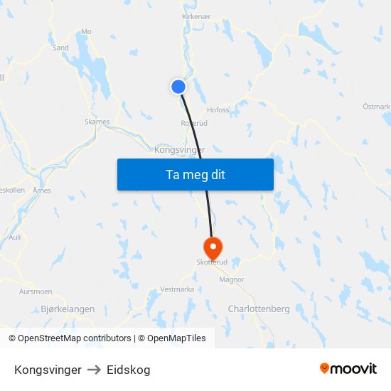 Kongsvinger to Eidskog map