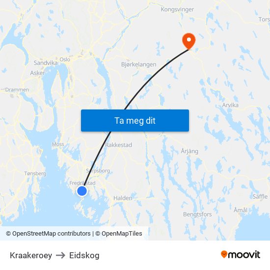 Kraakeroey to Eidskog map