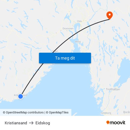 Kristiansand to Eidskog map