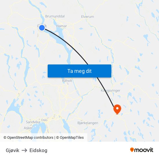 Gjøvik to Eidskog map