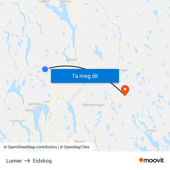 Lunner to Eidskog map