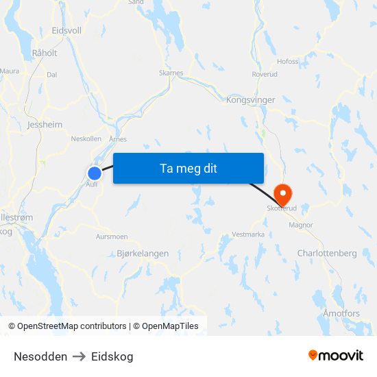 Nesodden to Eidskog map