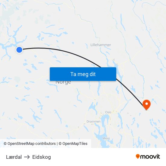 Lærdal to Eidskog map